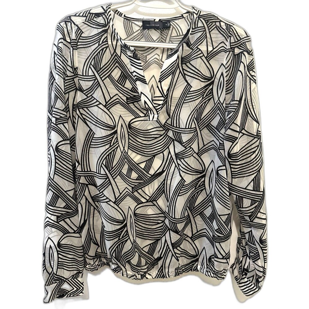 The Limited Womens Abstract Print Sheer Long Sleeve Top Small Black and White